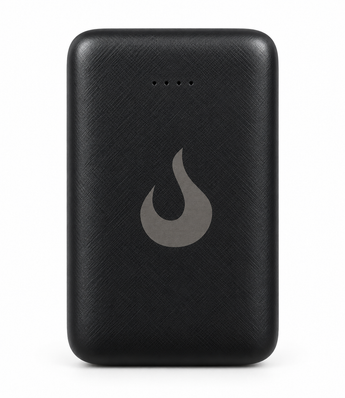 Heat Up black power bank with flame logo, front view on white background