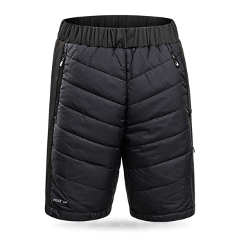 Heat Up heated shorts, quilted black with elastic waistband and zip pockets, front view on dark grey background