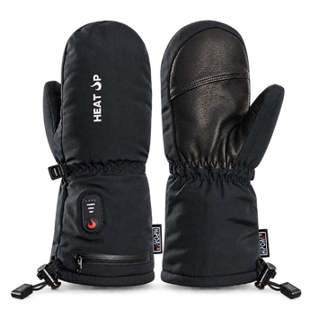 Heat Up Junior heated mittens, back and leather palm, on dark grey background