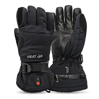 Heat Up Mountain heated gloves, back of hand and leather palm, on dark grey background