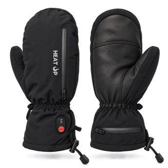 Heat Up Mountain heated mittens, back with zippered battery pocket and heat button, leather palm, on white background