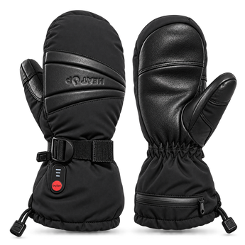Heat Up Peak heated mittens, back with cuff strap and heat button, leather palm, on dark grey background