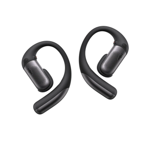 Pair of black wireless earbuds on a white background