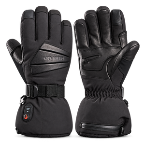 Heat Up Peak heated gloves, back of hand with cuff strap and heat button, leather palm, on dark grey background
